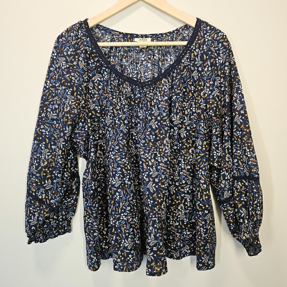 A.n.a 3/4 Sleeve Floral‎ Navy Yellow Rowan Cotton Summer Blouse Size 0X or 14W